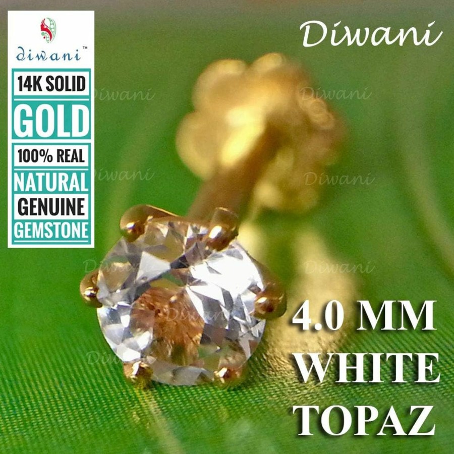 New DIWANI Diwani 14K Gold 4.0Mm Natural White Topaz Gemstone Engagement Wedding Nose Lip Labret Monroe Body Piercing Ring Stud Pin Screw (0.230 Cents, Color- White) 18 Gauge Thick 8.0Mm Length Screw Back Post