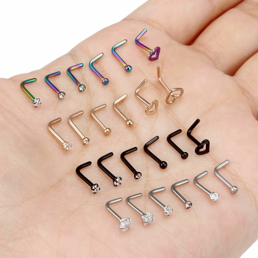 Wholesale Yaalozei Yaalozei 18G 20G Nose Rings Piercings Hypoallergenic Nose Studs 316L Surgical Steel Heart Nose Rings L Shaped Straight Screw Nose Piercing Jewelry For Women Men Silver Black Rose Gold Colorful