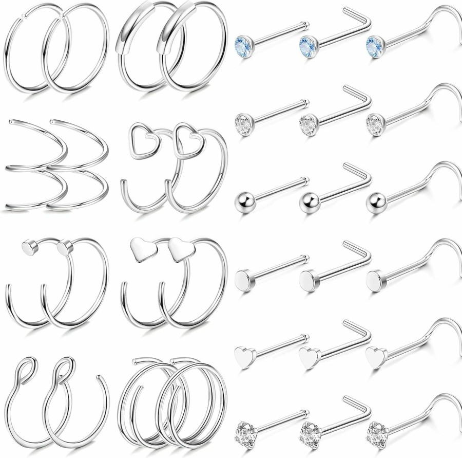 Hot FINREZIO Finrezio 34Pcs 22G Nose Rings Hoop Surgical Steel Nose Studs Nose Piercing Jewelry For Women Men L Shaped Nose Screw Nose Rings Stud Body Piercing Jewelry