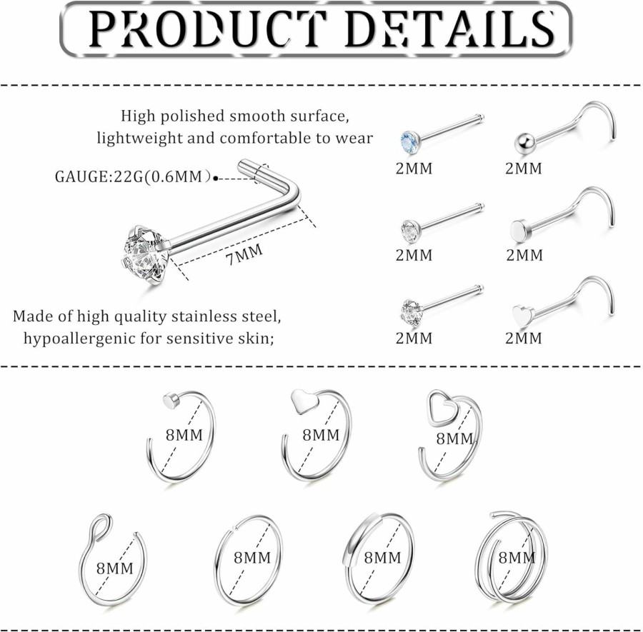 Hot FINREZIO Finrezio 34Pcs 22G Nose Rings Hoop Surgical Steel Nose Studs Nose Piercing Jewelry For Women Men L Shaped Nose Screw Nose Rings Stud Body Piercing Jewelry