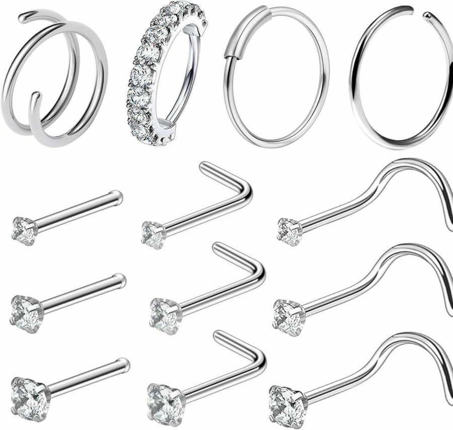 Best Ftovosyo Ftovosyo 20G Surgical Steel Nose Rings Hoops For Women Men Cubic Zirconia Nose Piercing Jewelry L Shaped Nose Ring Stud Set