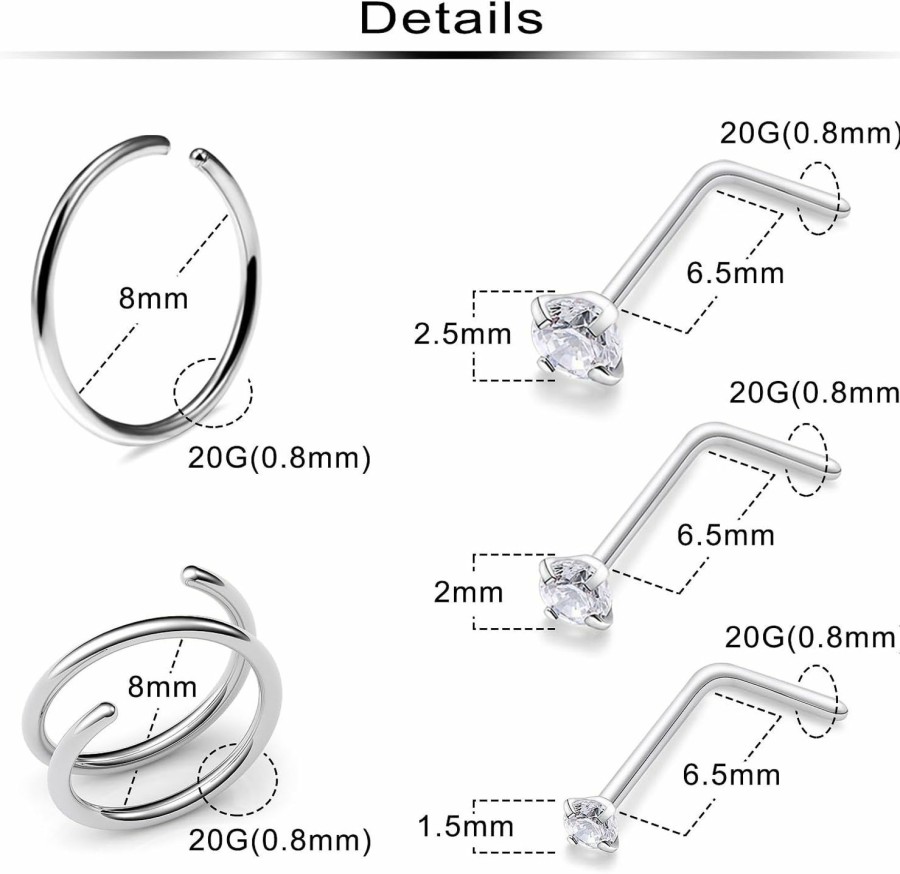 Best Ftovosyo Ftovosyo 20G Surgical Steel Nose Rings Hoops For Women Men Cubic Zirconia Nose Piercing Jewelry L Shaped Nose Ring Stud Set