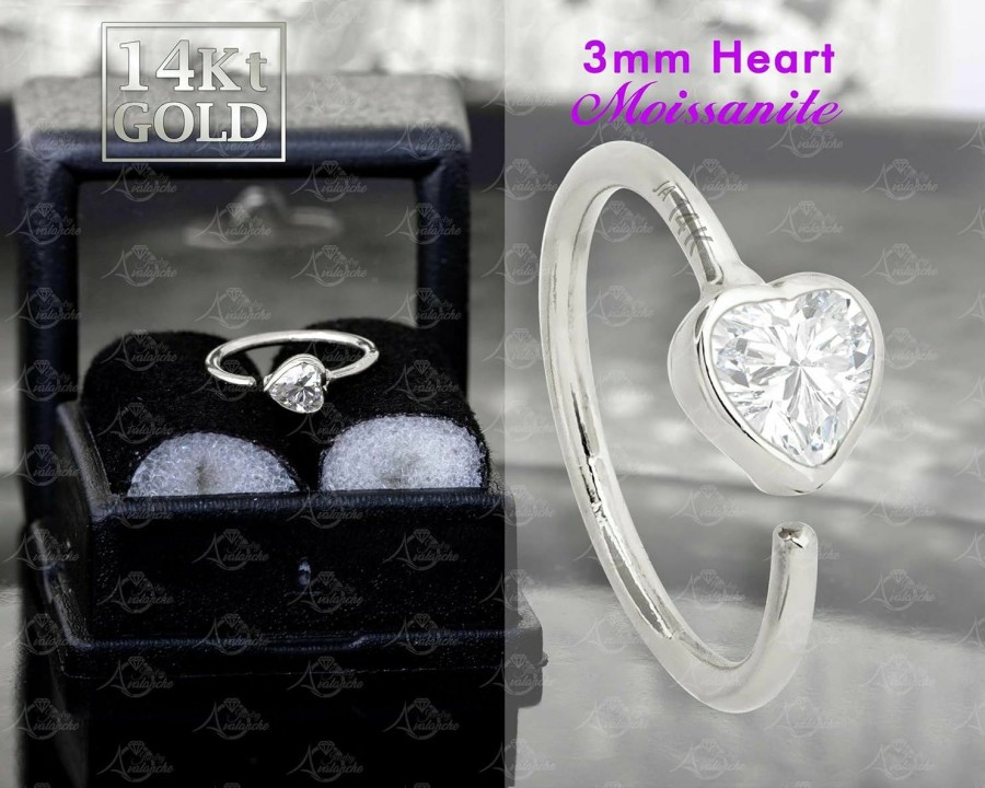 Hot Jewelry Avalanche Jewelry Avalanche 20G 14K Gold Heart Nose Hoop Bezel Set 0.10Ct Moissanite Heart Nose Ring 5/16\"(8Mm) Nose Ring