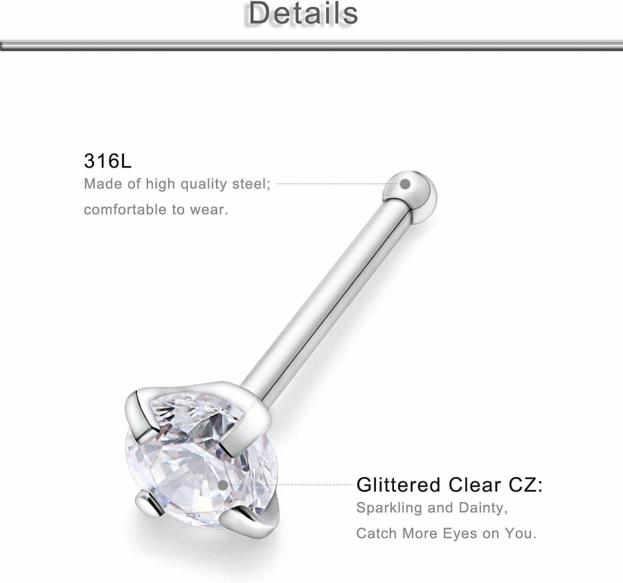 Hot Yaalozei Yaalozei 20G 18G Nose Rings Studs Hypoallergenic 316L Surgical Steel Straight Screw L Shaped Nose Studs Body Piercing Jewelry For Women Men Gris Diamond Size 1.5Mm 2Mm 2.5Mm 3Mm 3.5Mm 4Mm 18Pcs