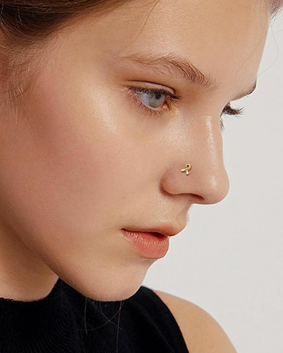 New COCHARM Cocharm 14K Solid Gold Ribbon Nose Stud 20G Yellow Gold L Bend Nostril Nose Stud 7Mm Long Love Nose Piercing 14Kt Real Gold Nose Stud Ring Hypoallergenic Press Fit Nose Bend Nose Jewelry