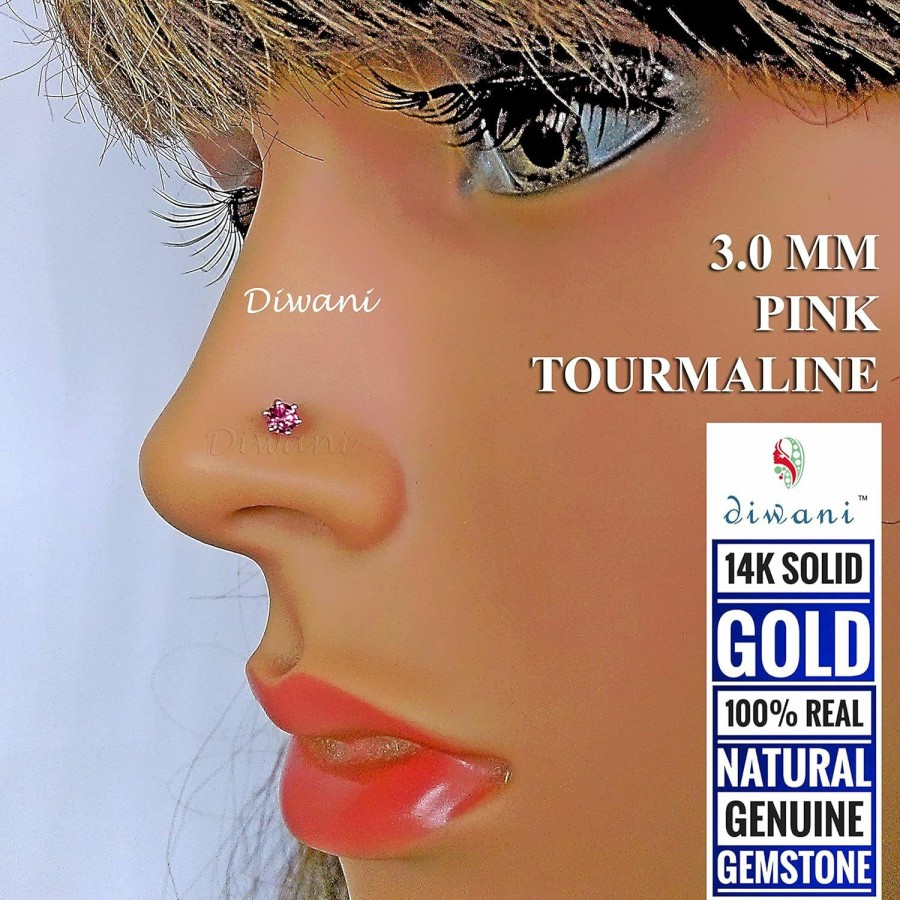 Hot DIWANI Diwani 14K Gold 3.0Mm Natural Pink Tourmaline Gemstone Engagement Wedding Nose Lip Labret Monroe Body Piercing Ring Stud Pin Screw (0.120 Cents,Color-Pink) 18 Gauge Thick 8.0Mm Length Screw Back Post