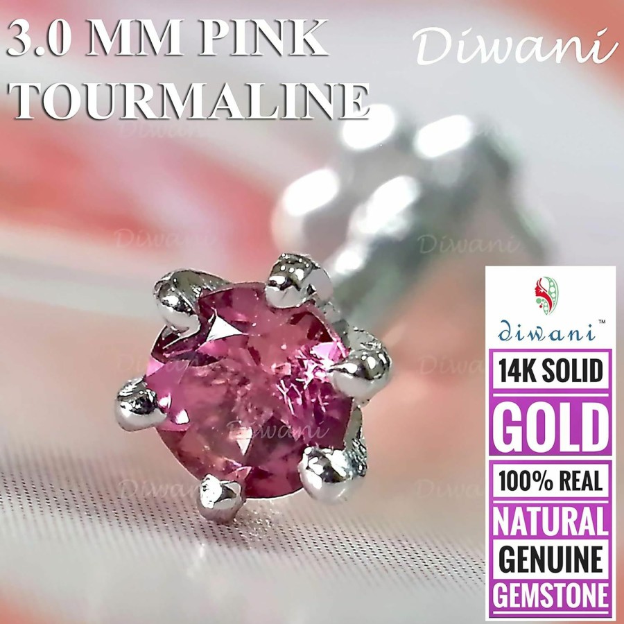 Hot DIWANI Diwani 14K Gold 3.0Mm Natural Pink Tourmaline Gemstone Engagement Wedding Nose Lip Labret Monroe Body Piercing Ring Stud Pin Screw (0.120 Cents,Color-Pink) 18 Gauge Thick 8.0Mm Length Screw Back Post