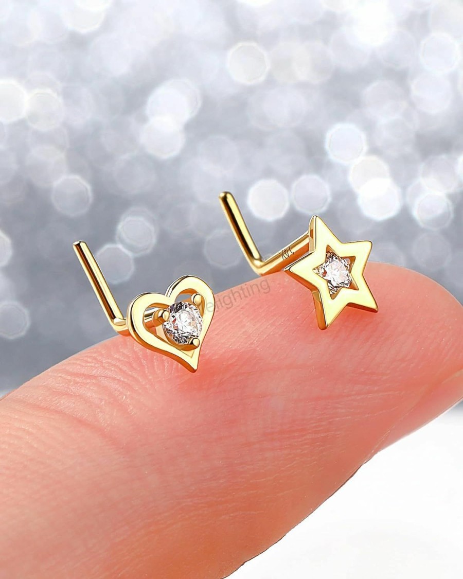 Best Melighting Meiighting Gold Nose Stud L Shaped, 20G Nose Rings, 14K Solid Gold Nose Piercing Jewelry For Women Clear Cz, Real Gold Heart Nose Screw, Star Nostril Piercing For Women