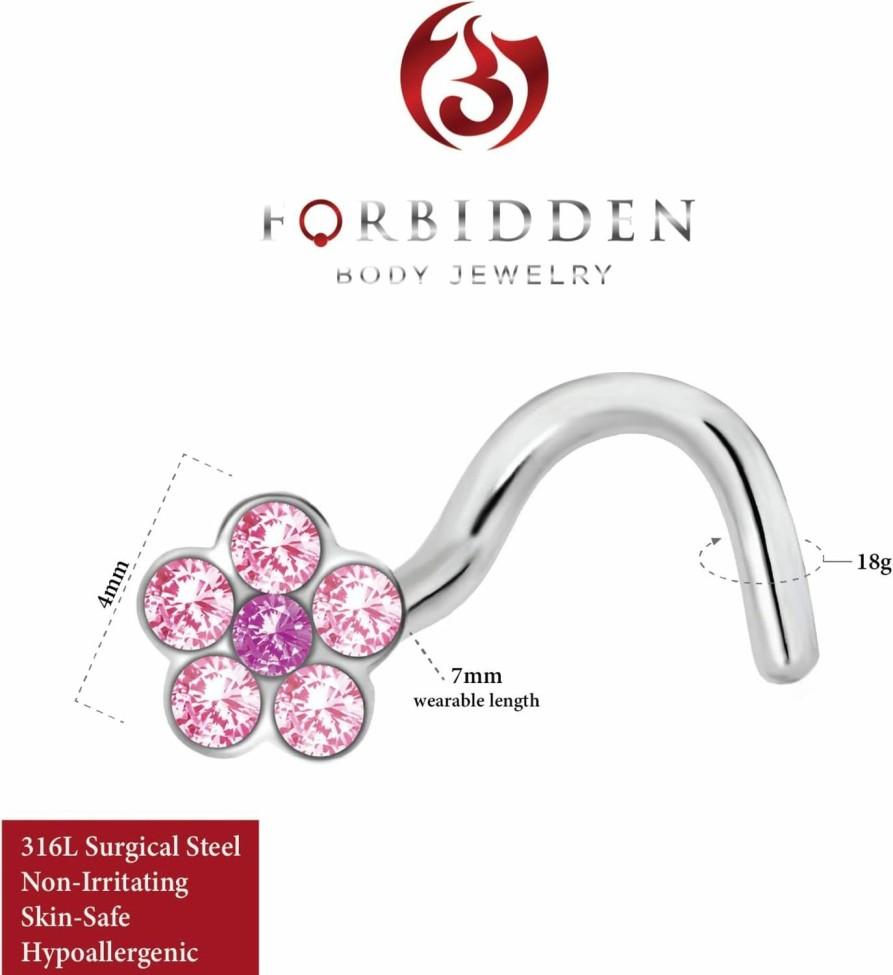 Best Forbidden Body Jewelry Forbidden Body Jewelry Flower Nose Rings, Flower Nose Ring, Flower Nose Stud, Nose Rings (18G-20G) Surgical Steel Crystal Flower, Nose Ring With Flower, Top Nose Stud