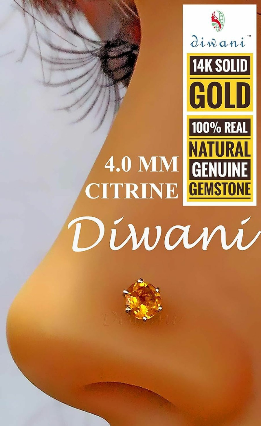 Clearance DIWANI Diwani 14K Gold 4.0Mm Natural Citrine Gemstone Engagement Wedding Nose Lip Labret Monroe Body Piercing Ring Stud Pin Screw (0.230 Cents, Color- Yellow) 18 Gauge Thick 8.0Mm Length Screw Back Post