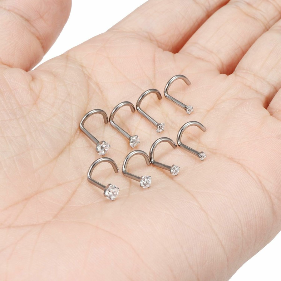 Best Cisyozi Cisyozi 22G 20G 18G Titanium Nose Rings Hypoallergenic Corkscrew Medical Grade Nose Rings Studs For Women Men Shiny Cubic Zirconia Nose Rings Piercings Jewelry For Sensitive Skin