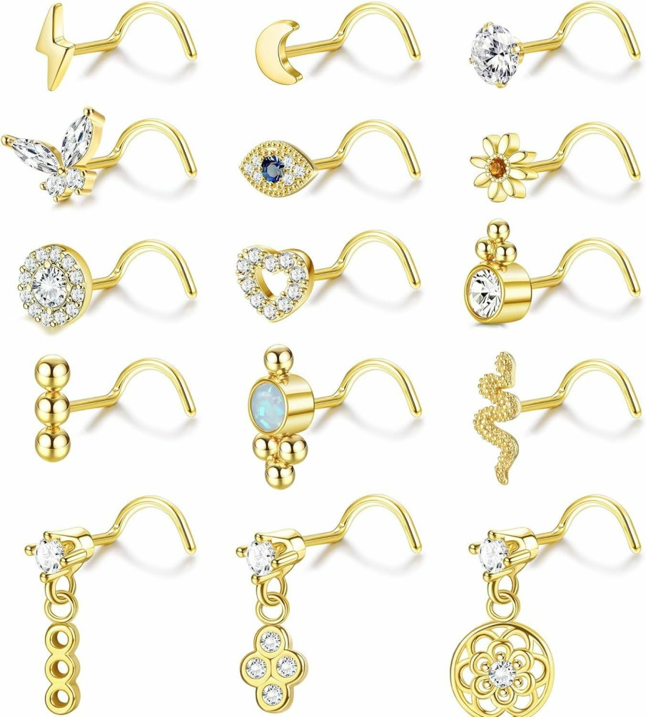 Wholesale LOLIAS Lolias 15Pcs 20G Dangle Nose Rings Studs L-Shape/Corkscrew Nose Rings For Women Men Cz Opal Beads Moon Flower Heart Silver/Gold Tone Cute Nose Studs Piercing Jewelry