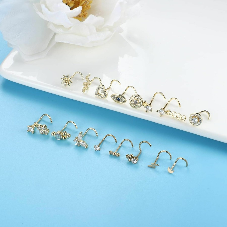 Wholesale LOLIAS Lolias 15Pcs 20G Dangle Nose Rings Studs L-Shape/Corkscrew Nose Rings For Women Men Cz Opal Beads Moon Flower Heart Silver/Gold Tone Cute Nose Studs Piercing Jewelry