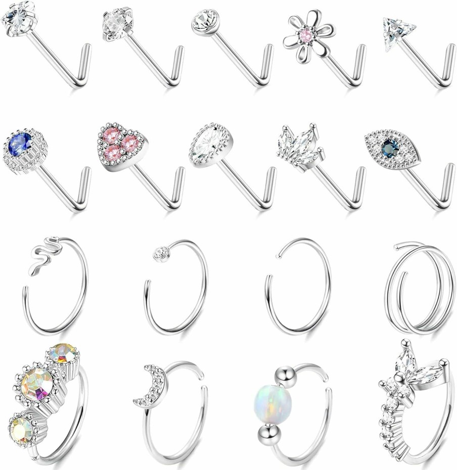 Best JOERICA Joerica 18 Pcs 20G Nose Rings Studs 316L Stainless Steel Nose Rings Hoop For Women Cute Evil Eye Heart Butterfly Opal Cz Nose Piercing Jewelry L Shaped Nose Ring Stud Set