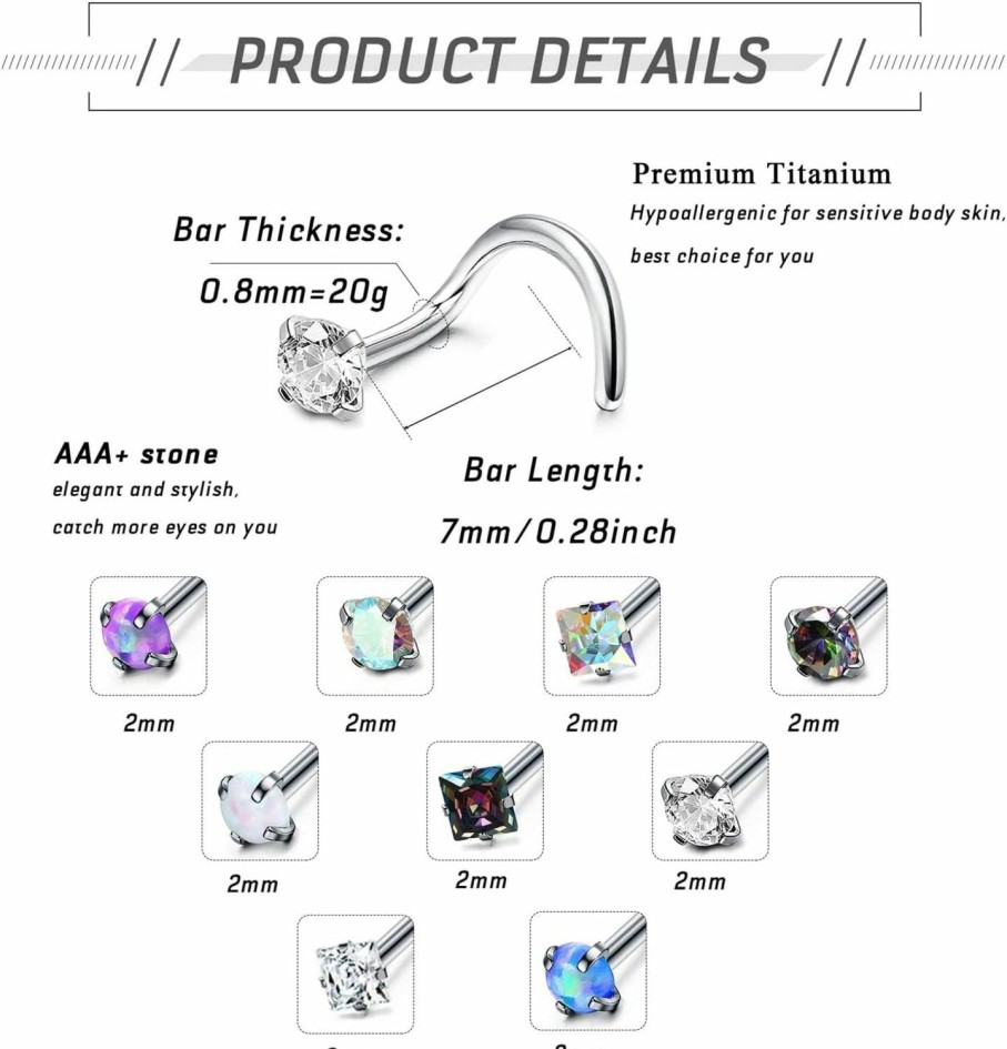 Best LOLIAS Lolias G23 Titanium Nose Ring Studs L Shaped Straight Screw Nose Rings 20G 2Mm Tiny Cz Opal Nose Studs Nostrial Nose Piercing Jewelry