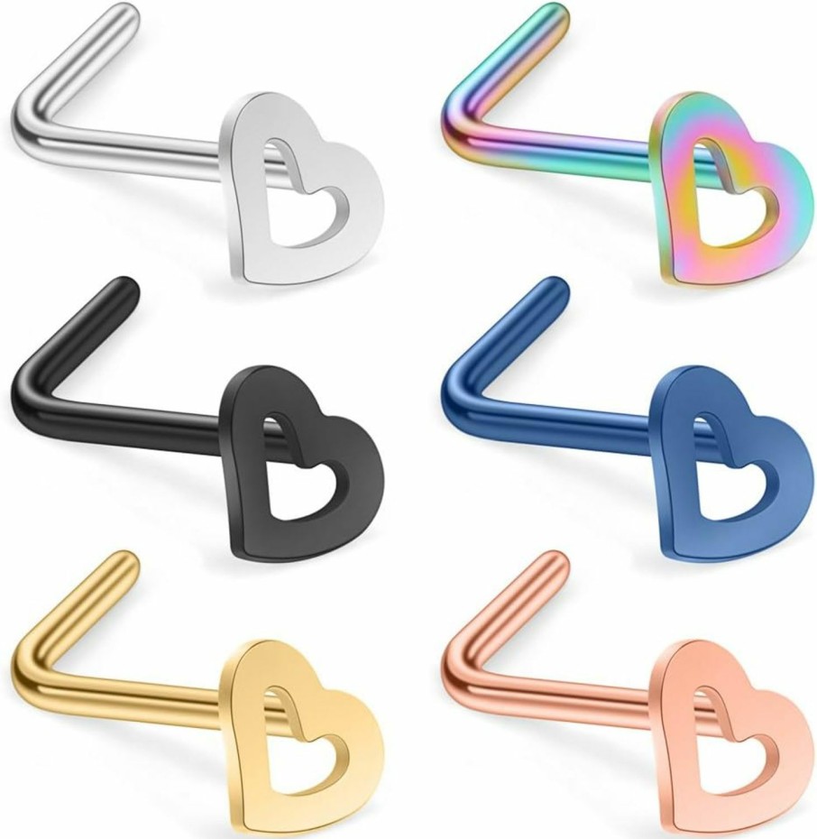 New Ruifan Ruifan 20G 18G Surgical Steel Heart Nose Stud Rings L Shaped Piercing Jewelry 3-6Pcs