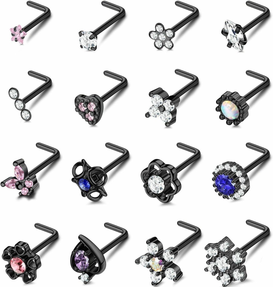 Best ZZHDCC Zzhdcc Nose Rings 20G Surgical Stainless Steel Nose Rings Studs For Women Men Cz Flower Star Halo Heart Butterfly Nose Piercings Body Jewelry Multi Shape L Shaped Nose Studs Set 16Pcs