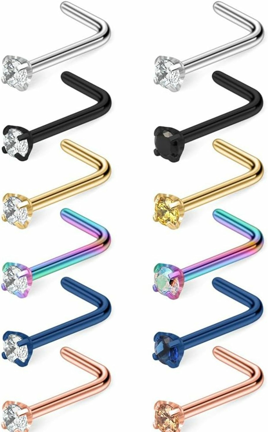 New Ruifan Ruifan 12Pcs 18G Mix Color Stainless Steel Diamond Cz Nose Studs Rings L Shaped Piercing Jewelry 1.5Mm 2Mm 2.5Mm 3Mm