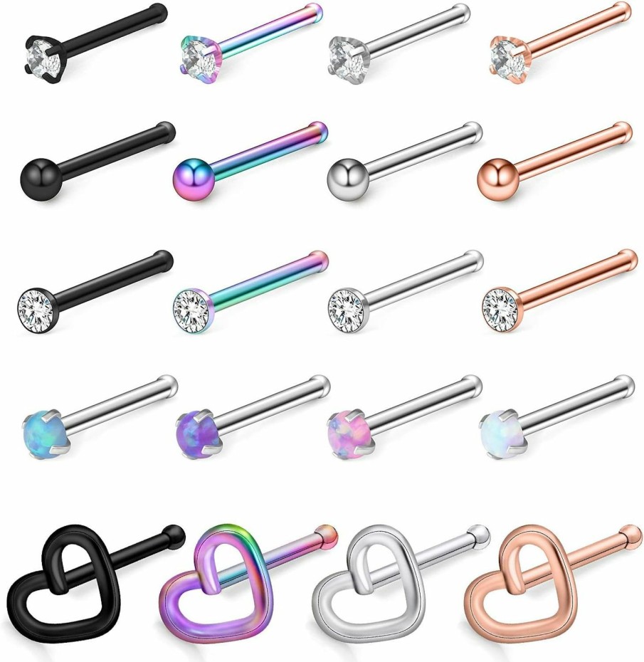 Wholesale Ruifan Ruifan 20G Surgical Steel Heart Flat Ball Opal Clear Diamond Cz Nose Stud Rings Bone L-Shaped Screw Piercing Jewelry 4-20Pcs