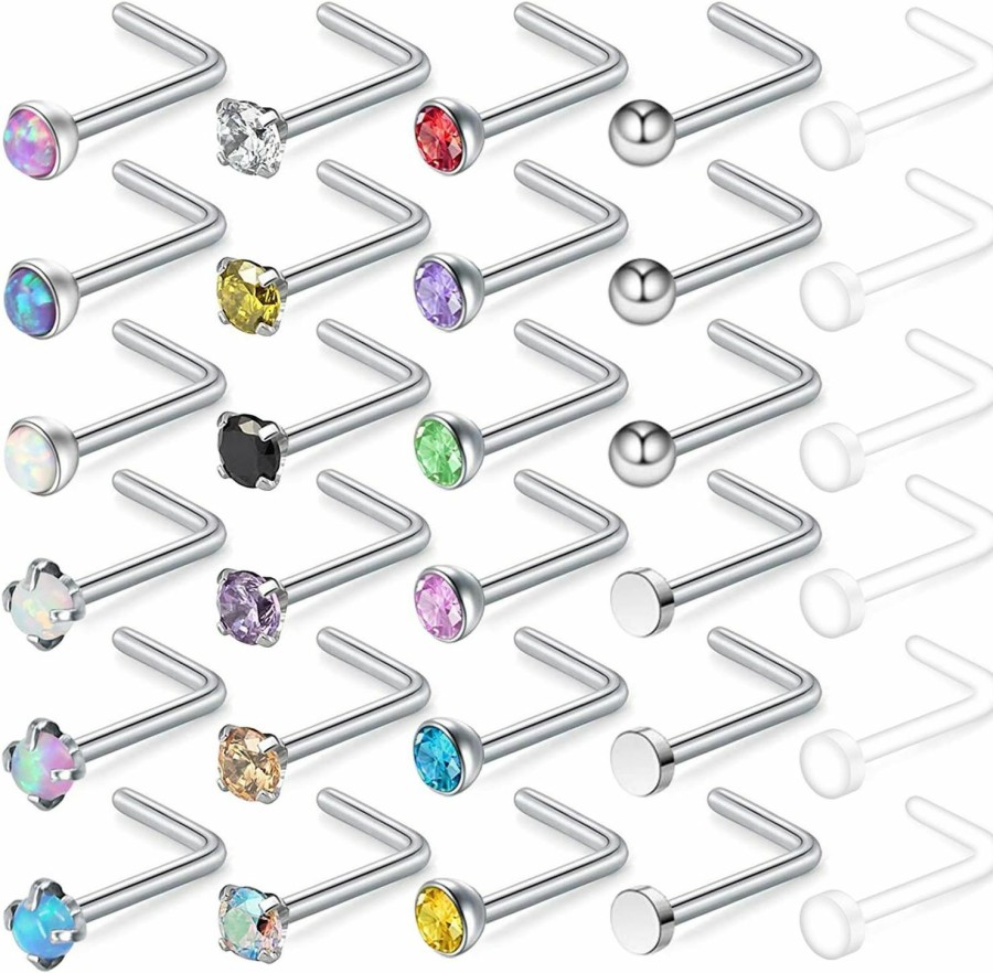 Hot ZS Zs 30 Pieces Cubic Zircon Nose Bone Studs 20 Gauge Stainless Steel Opal Nose Piercing Studs Clear Bioflex Nose Rings For Body Jewelry