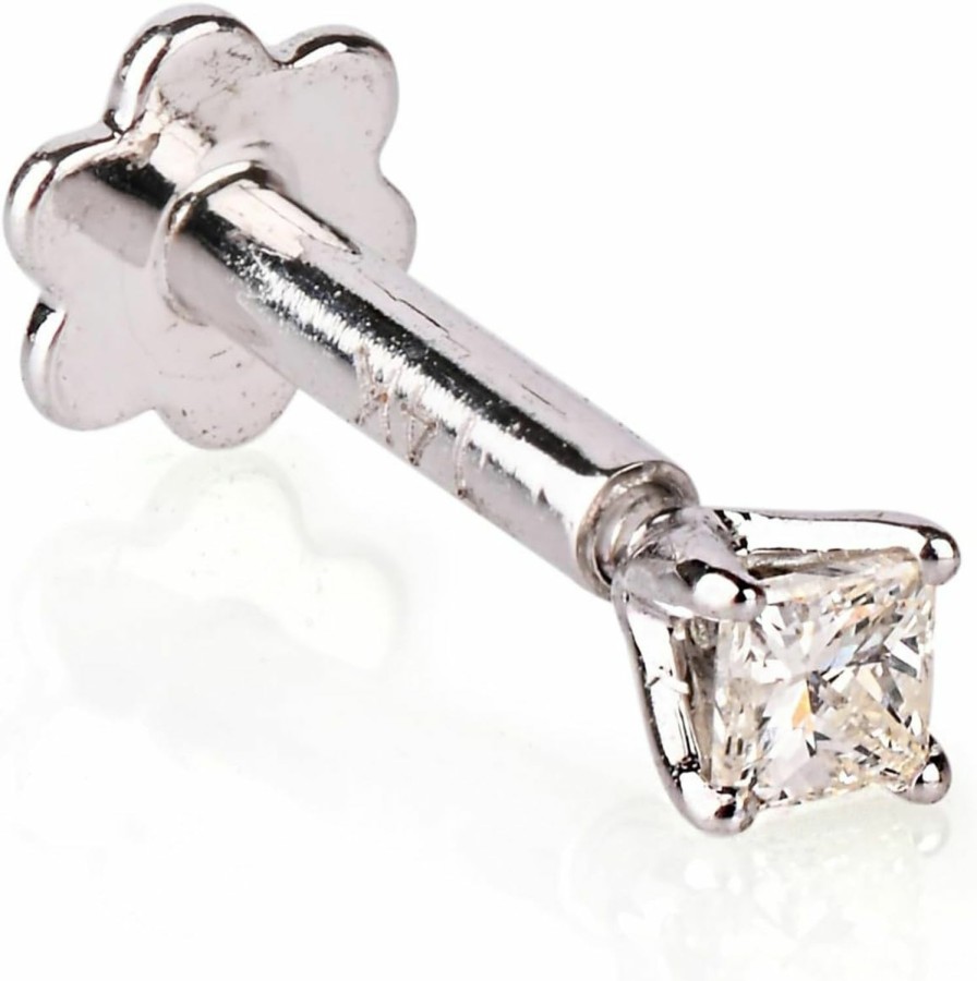 Wholesale Demira Princess Cut Diamond Nose Stud With 6 Mm Internally Threaded 14K White Gold Screw Post Also Lip Labret Monroe Ring