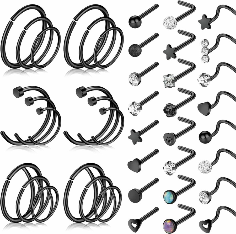 Hot ONESING Onesing 36-42 Pcs 20G Black Nose Rings For Women Nose Piercings Jewelry Black Nose Rings Hoops Nose Studs Screw Black Nose Hoops For Women Men