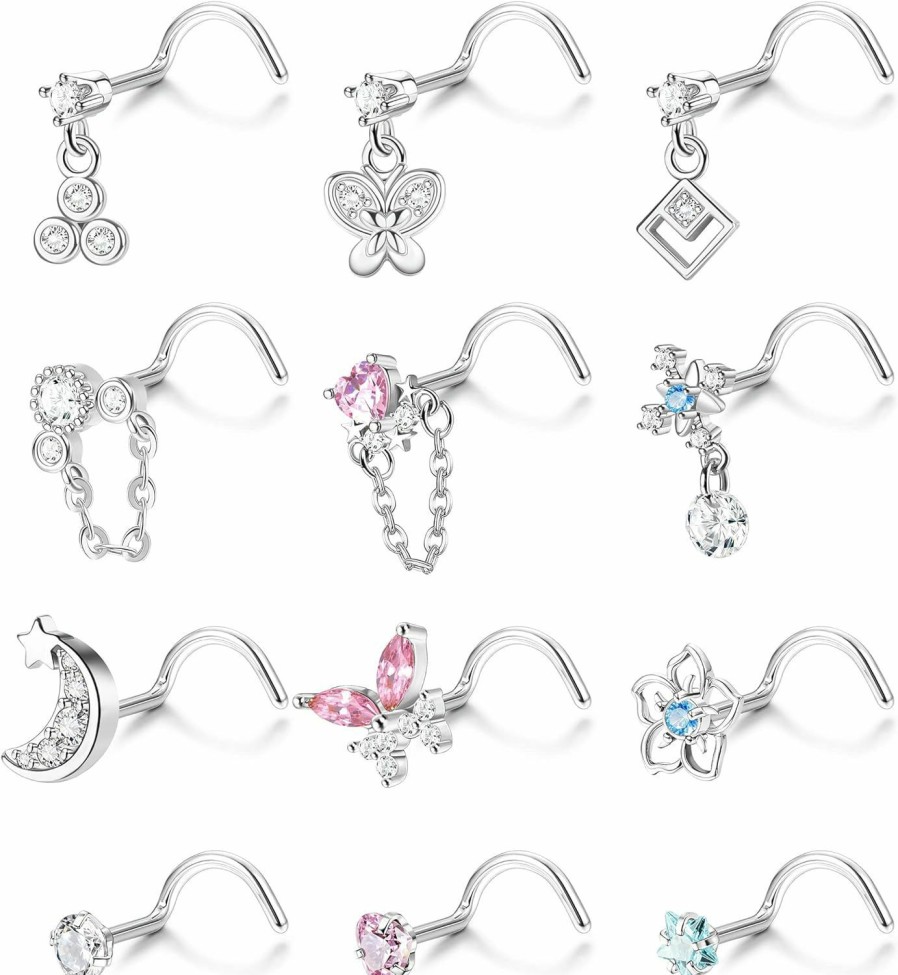 Hot IRONBOX Ironbox 12 Pcs 20G Dangle Nose Rings Studs For Women Surgical Steel L Shaped Screw Nose Rings For Women Heart Moon Star Flower Butterfly Cz Dangling Nose Piercing Jewelry