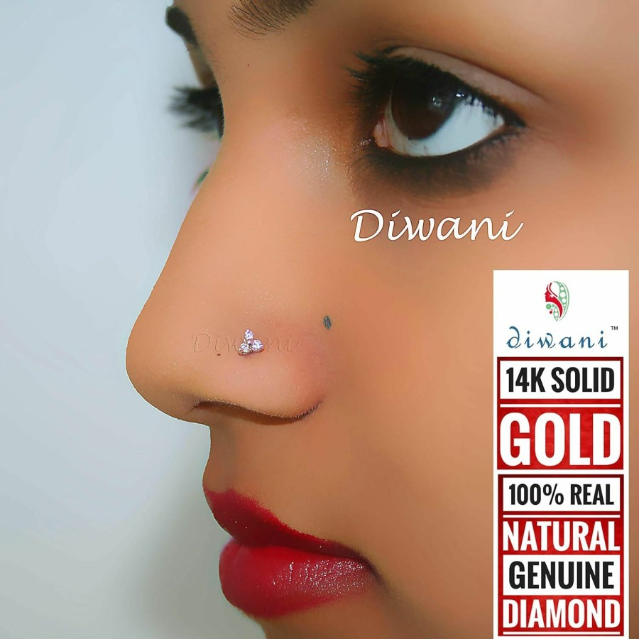 Hot DIWANI Diwani 14K Gold Gii Certified 3 Pcs Natural Si Diamonds Flower Shape Engagement Nose Lip Labret Monroe Piercing Ring Stud Screw Pin (0.050 Cents,F-G Colour) 18 Gauge Thick 8.0Mm Length Screw Back Post