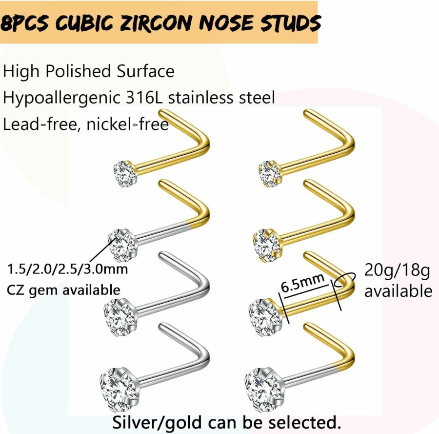 Clearance PunkTracker Punktracker 8Pcs Nose Rings Studs 316L Surgical Steel Nose Studs 1.5Mm 2Mm 2.5Mm 3Mm Cz Nostril Piercing Jewelry L Shaped Nose Rings For Women Men 20G/18G