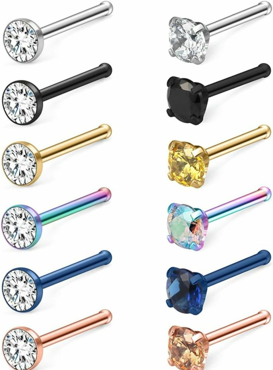 Best Ruifan Ruifan 12-20Pcs 18G Mix Color Stainless Steel Clear Diamond Cz Ball Flat Nose Bone Studs Rings Pin Piercing Jewelry 1.5Mm 2Mm 2.5Mm 3Mm