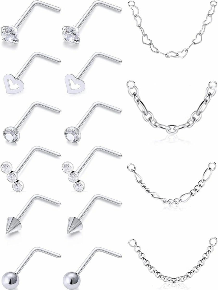 New Ftovosyo Ftovosyo Nose Ring Chain 20G Nose Chain Piercing Across Nose Piercings Surgical Steel Cz Heart Nose Studs With Chain Nose Piercing Jewelry Double Nose Rings For Women