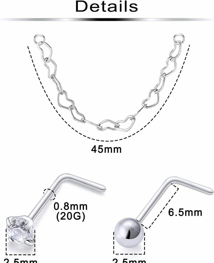 New Ftovosyo Ftovosyo Nose Ring Chain 20G Nose Chain Piercing Across Nose Piercings Surgical Steel Cz Heart Nose Studs With Chain Nose Piercing Jewelry Double Nose Rings For Women