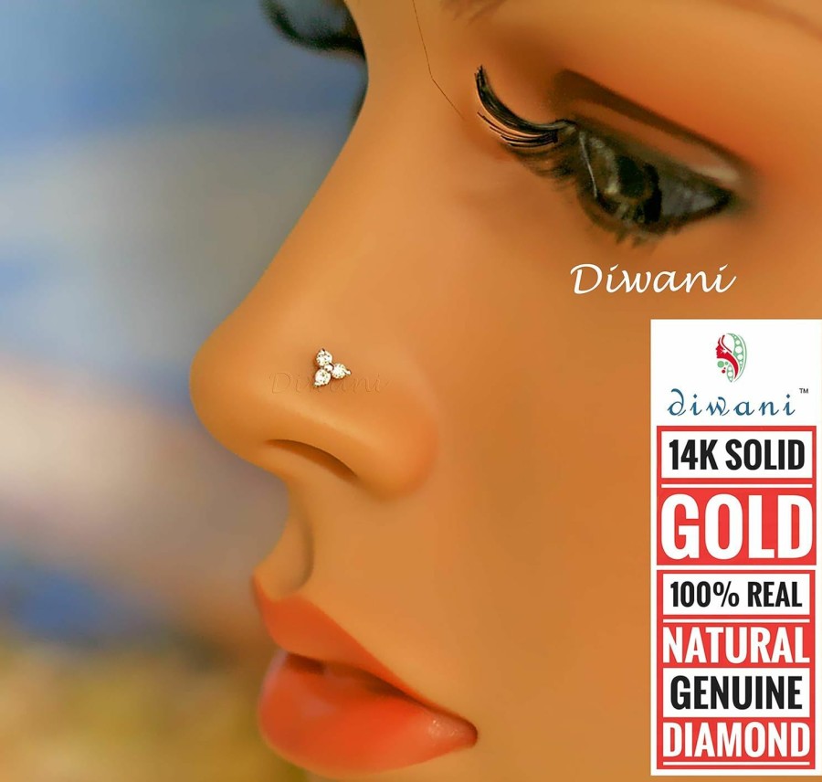 Wholesale DIWANI Diwani 14K Gold Gii Certified 3 Pcs Natural I Diamonds Flower Shape Engagement Nose Lip Labret Monroe Piercing Ring Stud Screw Pin (0.50 Cents, E-F Colour) 18 Gauge Thick 8.0Mm Length Screw Back Post