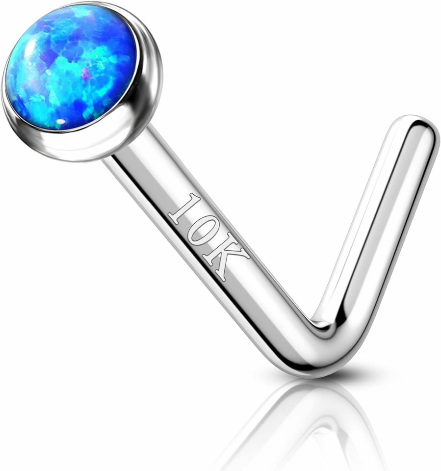 Online COCHARM Cocharm 10K White Gold Nose Stud 20G Blue Opal L Bend Nose Piercing White Gold Nose Rings Stud For Women Man White Gold Nose Piercing 10K Hypoallergenic Nose Stud