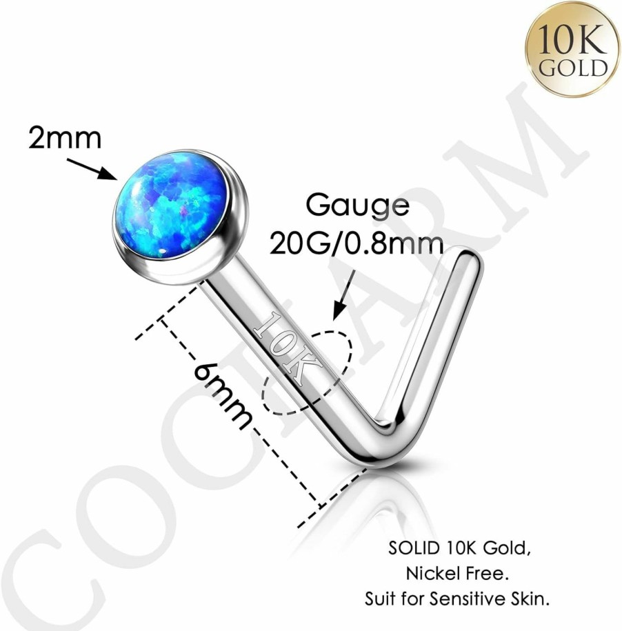 Online COCHARM Cocharm 10K White Gold Nose Stud 20G Blue Opal L Bend Nose Piercing White Gold Nose Rings Stud For Women Man White Gold Nose Piercing 10K Hypoallergenic Nose Stud