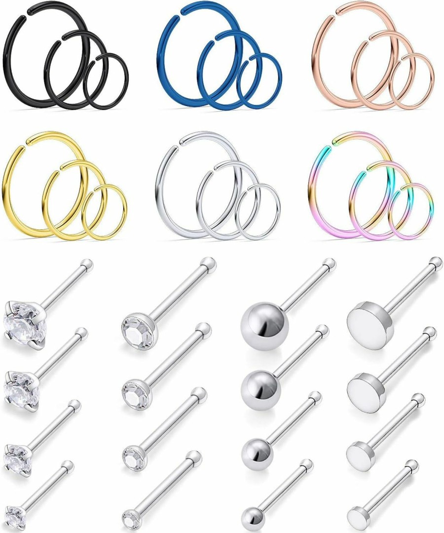 New Vsnnsns Vsnnsns 20G Nose Rings For Women Stainless Steel Bone L Shaped Nose Studs Screw Nose Rings Cz Nose Ring Hoop Nose Rings Studs Hoop Piercings Jewelry For Women Men 30-34Pcs