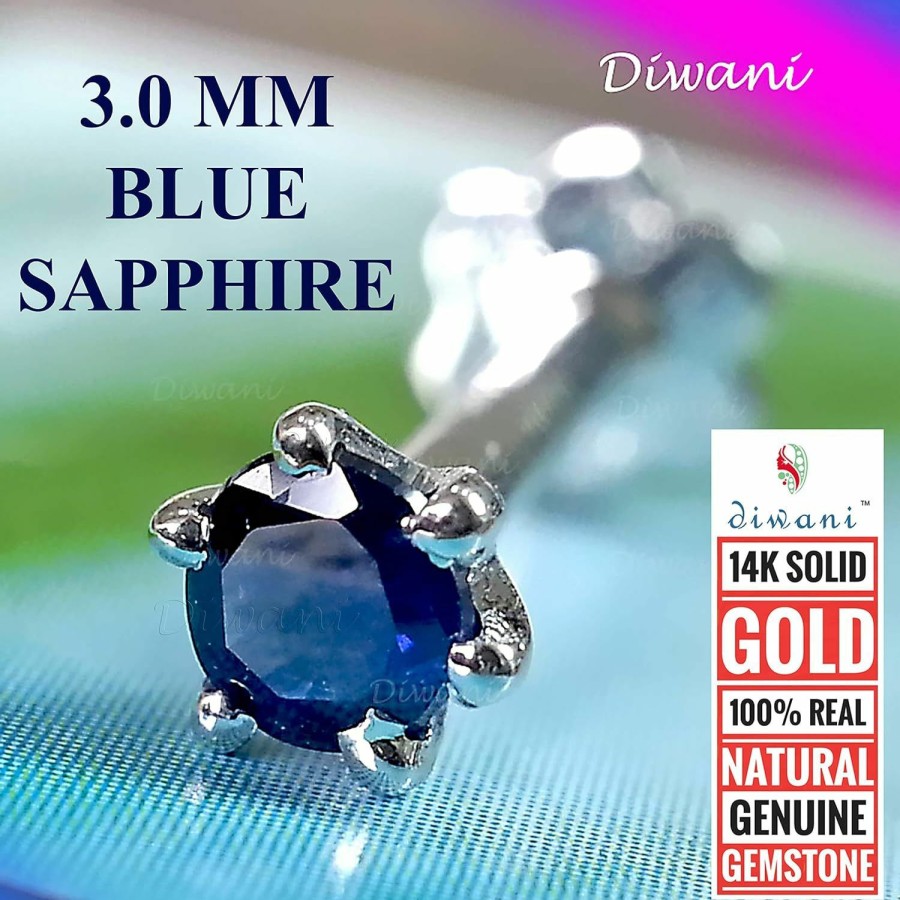 Best DIWANI Diwani 14K Gold 3.0Mm Natural Blue Sapphire Gemstone Engagement Wedding Nose Lip Labret Monroe Body Piercing Ring Stud Pin Screw (0.120 Cents, Color- Blue) 18 Gauge Thick 8.0Mm Length Screw Back Post