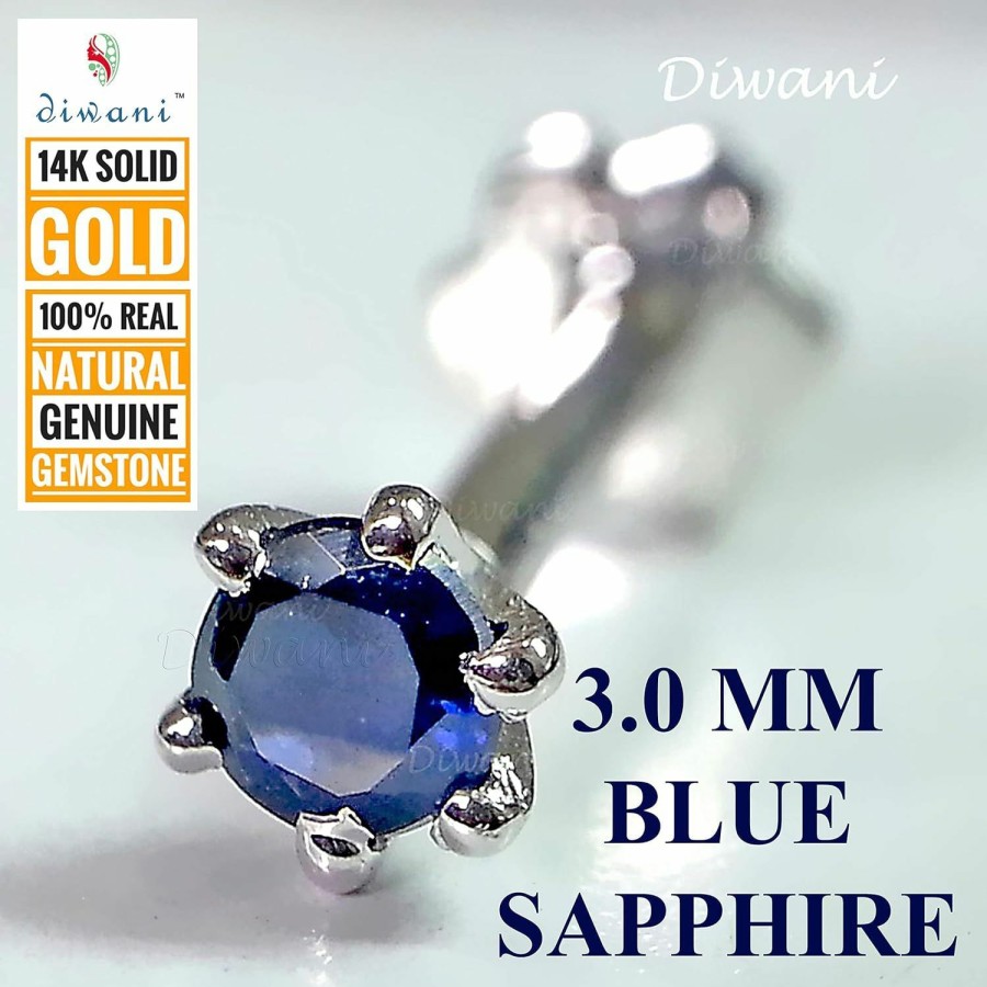 Best DIWANI Diwani 14K Gold 3.0Mm Natural Blue Sapphire Gemstone Engagement Wedding Nose Lip Labret Monroe Body Piercing Ring Stud Pin Screw (0.120 Cents, Color- Blue) 18 Gauge Thick 8.0Mm Length Screw Back Post