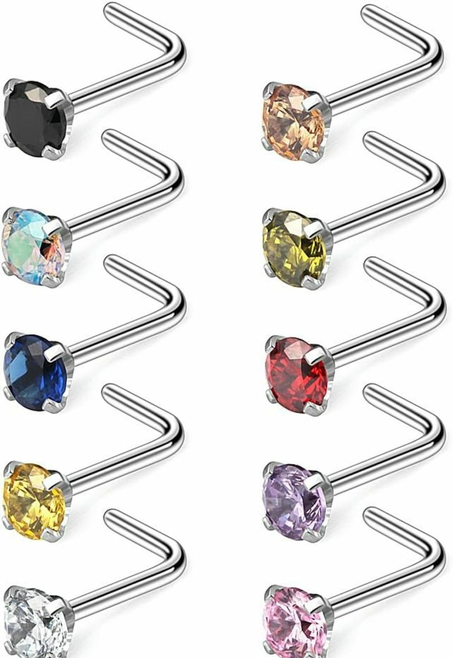 Best Ruifan Ruifan 10-40Pcs 18G Surgical Steel Diamond Cz Nose Stud Rings L Shaped Piercing Jewelry 1.5Mm 2Mm 2.5Mm 3Mm