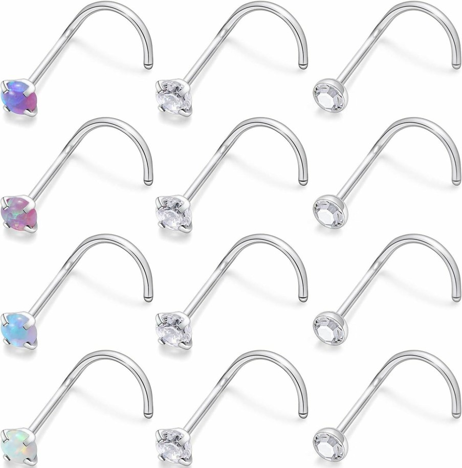 New Cisyozi Cisyozi 18G 20G 22G Nose Rings Studs Surgical Steel Nose Stud Set 1.5Mm 2Mm 2.5Mm 3Mm Diamond Cubic Zirconia Opal Screw L Shaped Straight Nose Piercing Jewelry For Women Men