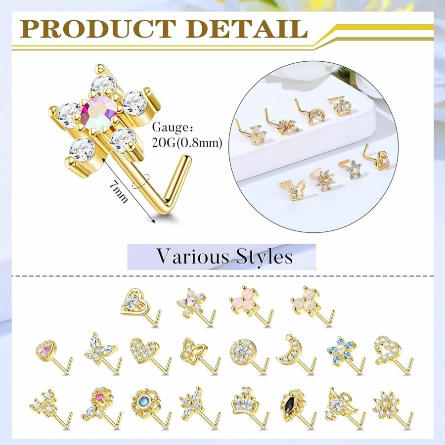 Best JeryWe Jerywe 20 Pcs 20G Nose Rings Studs For Women Stainless Steel L Shaped Nose Studs Heart Butterfly Flower Snowflake Crown Wing Cz Nose Piercing Jewelry Silver Rose Gold