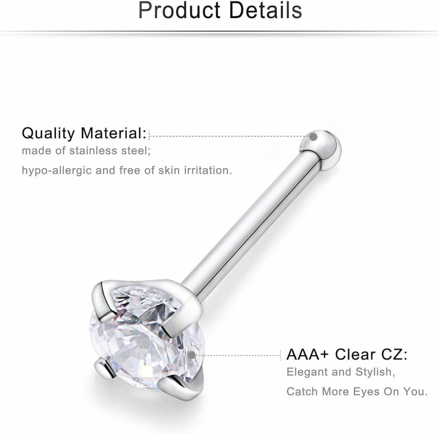 Wholesale Cisyozi Cisyozi 18G 20G 22G Push In Nose Rings Stud Set 1.5Mm 2Mm 2.5Mm 3Mm Surgical Steel 4-Prong-Setting Diamond Cz Screw L Shaped Bone Nostril Piercing Jewelry 4 Pairs