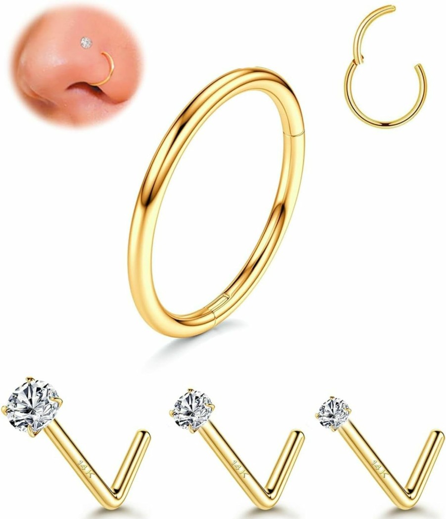 Best Purbeaut Purbeaut 4Pcs 16G/20G Nose Rings Hoops Nose Studs 316L Surgical Stainless Steel Nose Ring Gold Nose Ring L Shape Screw Nose Rings Studs 1.5/2/3Mm Cz Sets For Women Men