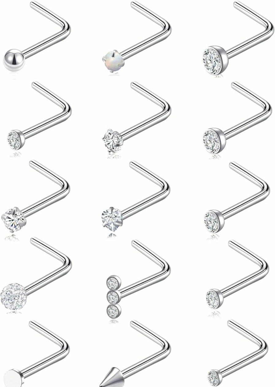 Wholesale Akeoqi Akeoqi 15Pcs G23 Titanium Nose Studs Ring L-Shaped Round Cz Ball Opal Star Heart Nostril Body Piercings Jewelry Set For Women Men Silver Gold Tone 20G 1.5Mm 2Mm 2.5Mm 3Mm 3.5Mm