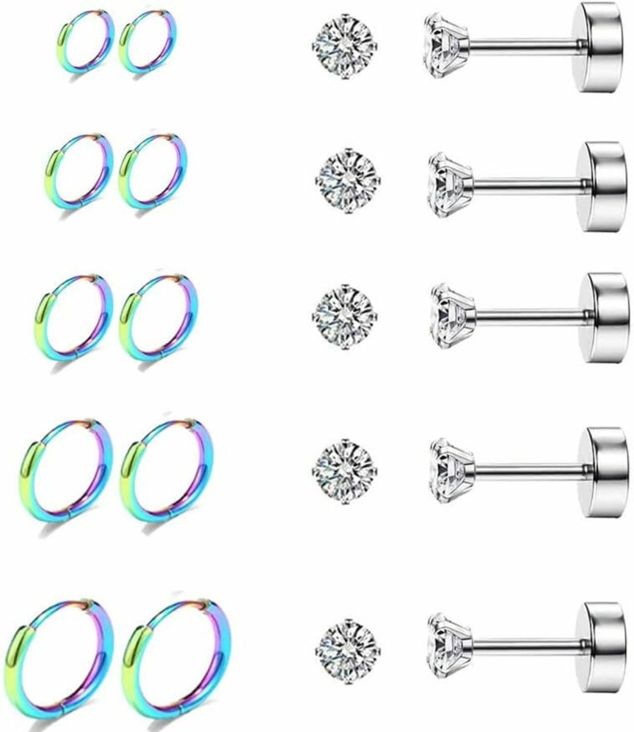 Wholesale Renkovte Lightweight 20G Small Cartilage Earrings Set For Women Surgical Stainless Steel, Screw Flat Back Mini Helix Earrings Tiny Hoops And Studs Earrings Set For Multiple Piercing Hypoallergenic, Pack Of 10 Pairs ( 6/7/8/9/10Mm Hoops & 2Mm Cz Studs)