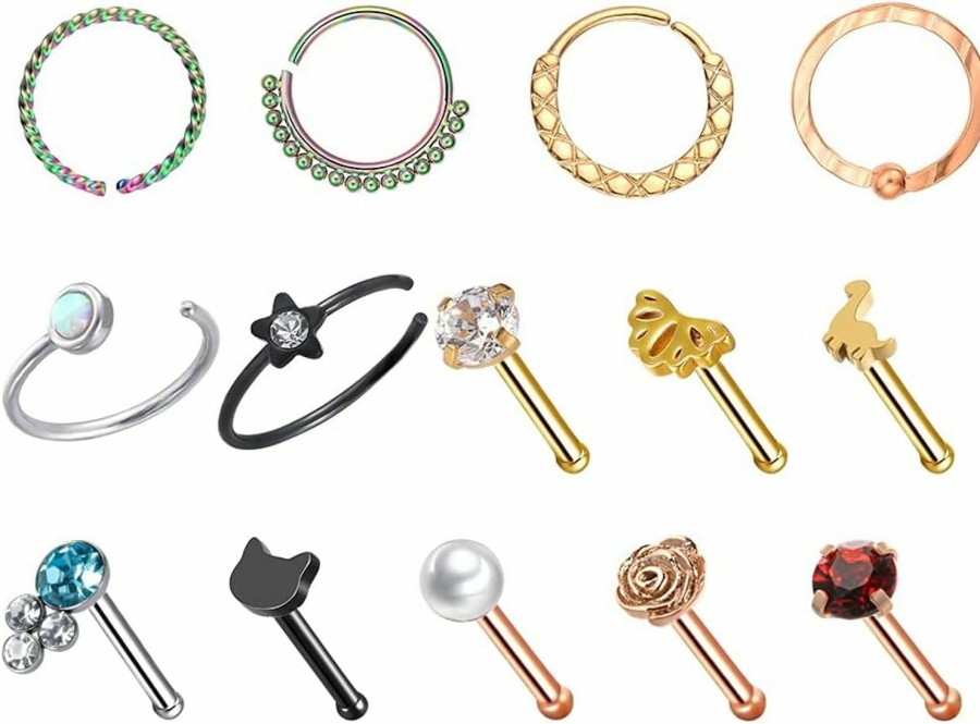 Wholesale WASOLIE Wasolie 16 Pcs Gold Nose Studs For Women Surgical Steel Nose Piercings Jewelry Screw Men Black Nose Piercing Rings.