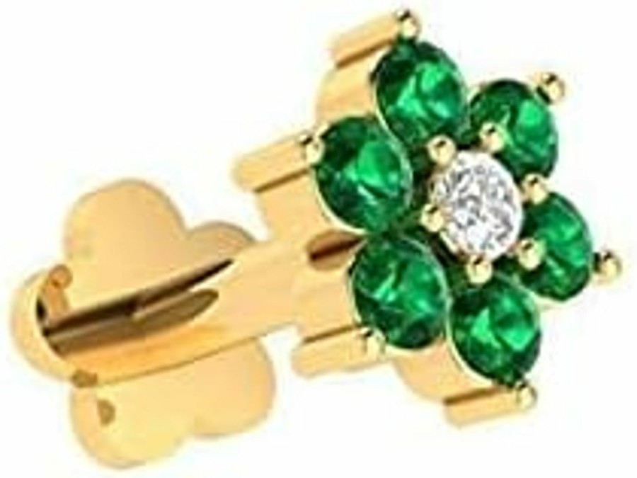 Hot Generic Natural Diamond Green Emerald Nose Ring Sterling Silver Stud Flower In 16 Gauge And 8Mm Length/Diamond Nose Stud For Womens/Diamond Color- J-K Diamond Clarity- I1-I2 Diamond Weight 0.02 Ct