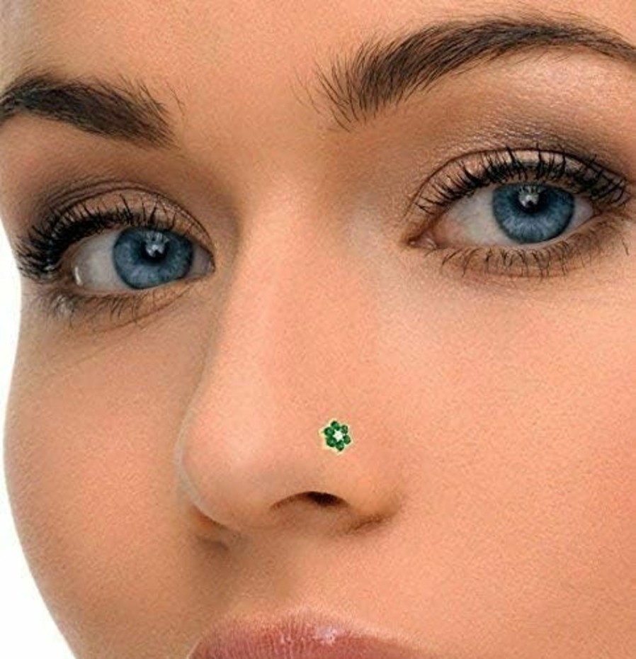 Hot Generic Natural Diamond Green Emerald Nose Ring Sterling Silver Stud Flower In 16 Gauge And 8Mm Length/Diamond Nose Stud For Womens/Diamond Color- J-K Diamond Clarity- I1-I2 Diamond Weight 0.02 Ct