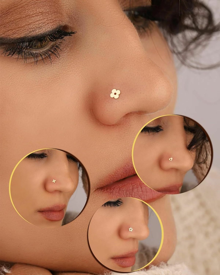 Wholesale Jewseen Jewseen 14K Gold Nose Rings 20G Heart Nose Stud L Shaped Nose Piercings Flower Nose Piercing Jewelry For Women Men