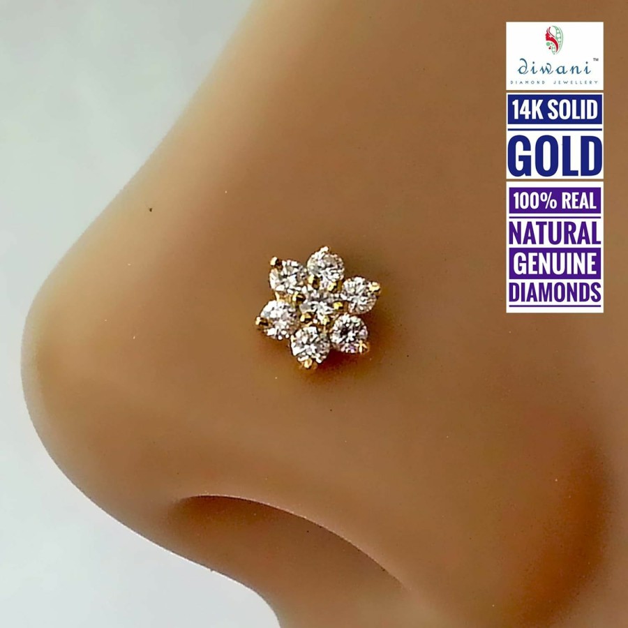 Wholesale DIWANI Diwani 14K Gold Gii Certified 7 Natural Vs Diamonds Flower Engagement Wedding Nose Lip Labret Monroe Piercing Ring Stud Screw Pin (0.110 Cents, G-H Color) 18 Gauge Thick 8.0Mm Length Screw Back Post